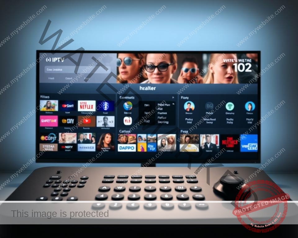 A high-tech control panel displaying a sleek, modern IPTV subscription service interface for the UK market. The foreground features an array of colorful channel logos, streaming content thumbnails, and interactive menu options. The middle ground showcases a clean, minimalist design with intuitive navigation controls and a sophisticated user experience. The background has a subtle gradient effect, emanating a sense of technological advancement and digital entertainment. Lighting is soft and even, highlighting the crisp details and vibrant colors of the user interface. The overall atmosphere conveys a premium, cutting-edge IPTV solution tailored specifically for UK consumers.