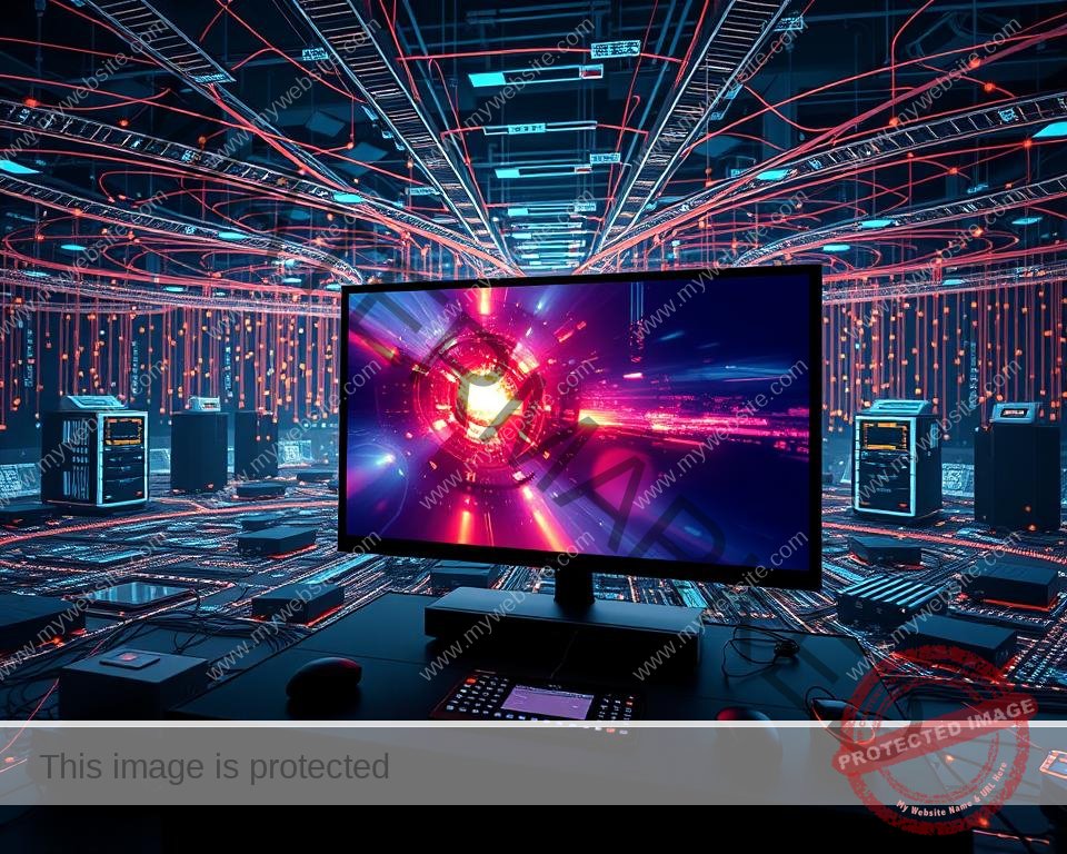 A high-tech digital landscape showcasing the power of IPTV technology. In the foreground, a sleek, modern television displays crisp, vivid imagery, surrounded by a minimalist interface of intuitive controls. In the middle ground, a network of interconnected devices and servers hum with data processing, enabling seamless streaming and content delivery. The background is filled with abstract digital patterns, pulsing with the energy of a cutting-edge communication infrastructure. Soft, warm lighting illuminates the scene, creating a sense of technological elegance and innovation. A wide-angle, cinematic lens captures the comprehensive scope of this IPTV ecosystem, inviting the viewer to immerse themselves in the future of television entertainment.