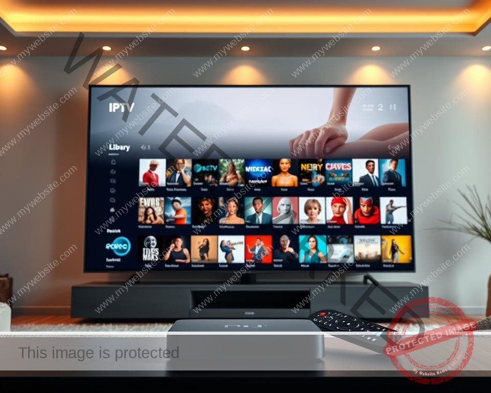A large, sleek TV screen prominently displays a diverse library of IPTV content, showcasing various genres and channels. The screen is surrounded by a modern, minimalist living room setting with clean lines and neutral tones, creating a sense of sophistication and technology. Warm lighting from subtle fixtures illuminates the scene, casting a cozy glow. In the foreground, a wireless remote control and a streaming device, such as a set-top box or a smart TV, hint at the ease of accessing the comprehensive IPTV services available in the UK. The overall composition conveys a sense of digital entertainment freedom and a curated, high-quality viewing experience.