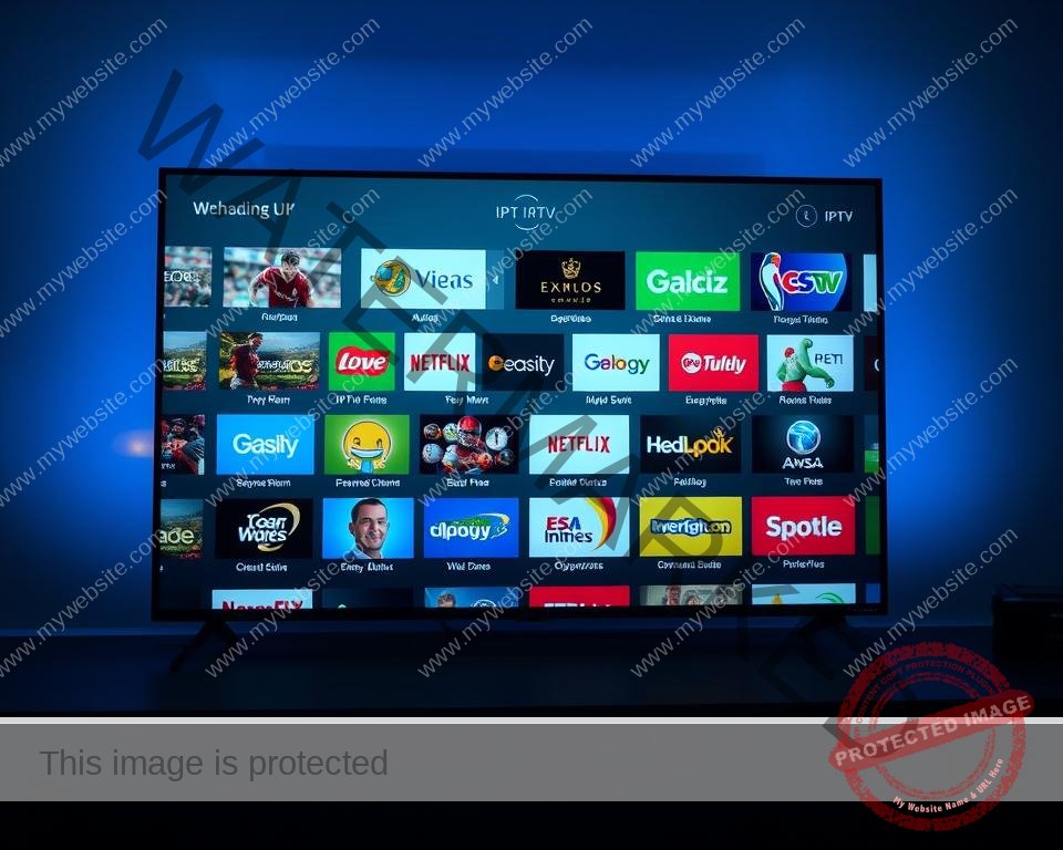 A modern IPTV interface displaying a diverse selection of UK television channels, ranging from news and sports to entertainment and lifestyle programming. The foreground showcases a sleek, minimalist design with crisp, high-definition channel icons neatly arranged. The middle ground features a visually appealing grid layout, allowing the viewer to easily browse and select from a comprehensive content library. The background subtly conveys a sense of technological sophistication, with subtle gradients and a soothing, blue-hued color palette creating a visually captivating and immersive viewing experience. Realistic lighting and camera angles contribute to the overall sense of depth and realism, making the image a visually striking representation of the wealth of content available through IPTV in the UK.