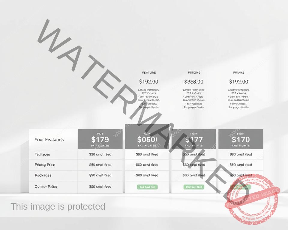 A modern and sleek IPTV subscription plan display, showcasing various pricing tiers and packages against a clean, minimalist background. The layout is visually balanced, with a focus on clear pricing information and feature highlights. The typography is crisp and legible, conveying a professional and trustworthy vibe. Subtle gradients and soft lighting create a sense of depth and sophistication, while the overall color palette remains neutral and streamlined. The image should evoke a sense of reliability and value for the IPTV services being offered.