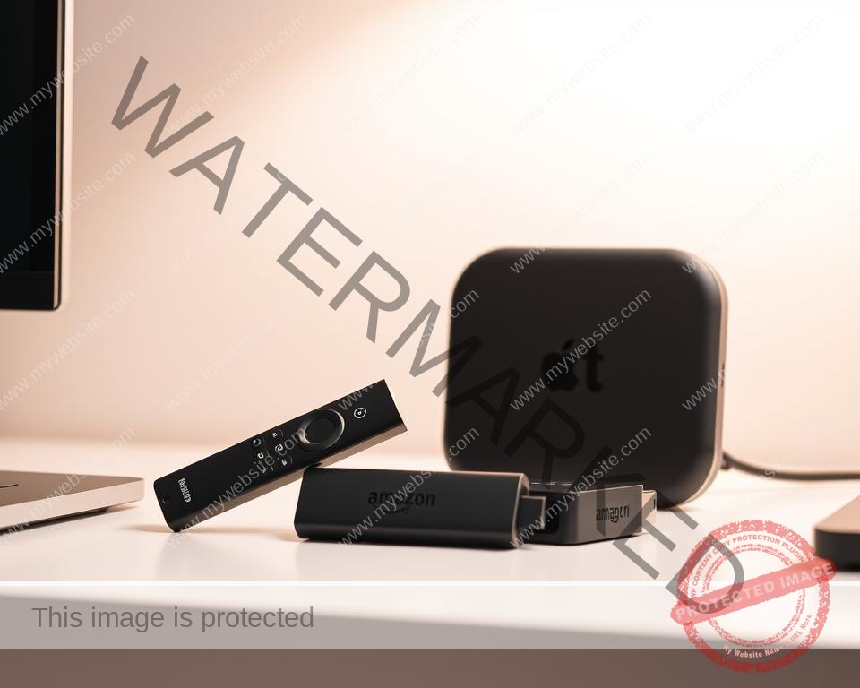 A modern and sleek setup featuring an Amazon Firestick and an Android TV device, both prominently displayed on a minimalist desk. The Firestick is positioned upright, its remote control nearby, while the Android TV unit sits neatly alongside. Soft, diffused lighting illuminates the scene, creating a warm and inviting atmosphere. The devices are surrounded by a clutter-free workspace, hinting at the user's focus on setting up their IPTV solution. The overall composition emphasizes the simplicity and convenience of the IPTV setup, ready to unlock a world of television freedom.