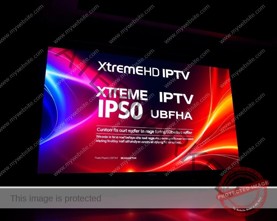 A modern, dynamic digital signage display showcasing the "Xtreme HD IPTV Discount Offer". The display is backlit with vibrant, high-contrast colors that draw the eye. The offer details are prominently featured, with sleek typography and clean layout. Subtle visual accents, such as shimmering highlights and reflections, add depth and visual interest. The overall composition conveys a sense of premium quality and unbeatable value. Dramatic studio lighting creates deep shadows and highlights the display's elegant, high-end aesthetic. The camera angle is slightly low, creating an imposing, attention-grabbing presence.