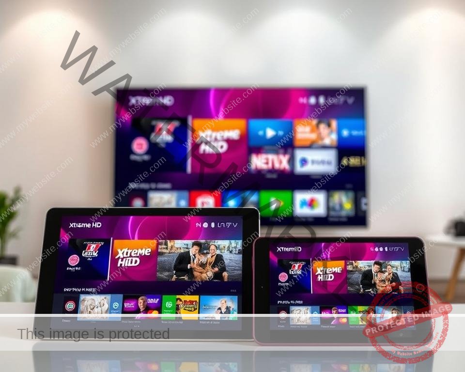 A modern home entertainment setup showcasing Xtreme HD IPTV on various devices. In the foreground, a sleek smart TV displays the Xtreme HD IPTV interface, its vibrant colors and crisp 4K resolution bringing the content to life. In the middle ground, a tablet and a smartphone are propped up, each showing the same IPTV service seamlessly streaming high-definition channels. The background features a minimalist living room setting with subtle lighting, allowing the electronic devices to take center stage. The scene conveys a sense of technological harmony and the convenience of accessing premium IPTV content across multiple platforms in a home environment.