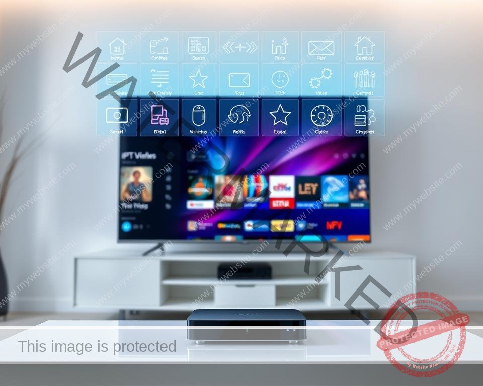 A modern home entertainment setup showcasing an IPTV service. In the foreground, a sleek smart TV displays vibrant, high-definition content. Floating above the TV screen, holographic menus and icons allow seamless navigation of the IPTV platform's expansive library of live channels and on-demand entertainment. The middle ground features a minimalist media cabinet housing a state-of-the-art streaming device, connecting the TV to the IPTV service. In the background, ambient lighting and a clean, contemporary room design set the mood for an immersive viewing experience. Capturing the convenience and technological sophistication of modern IPTV solutions for the home.