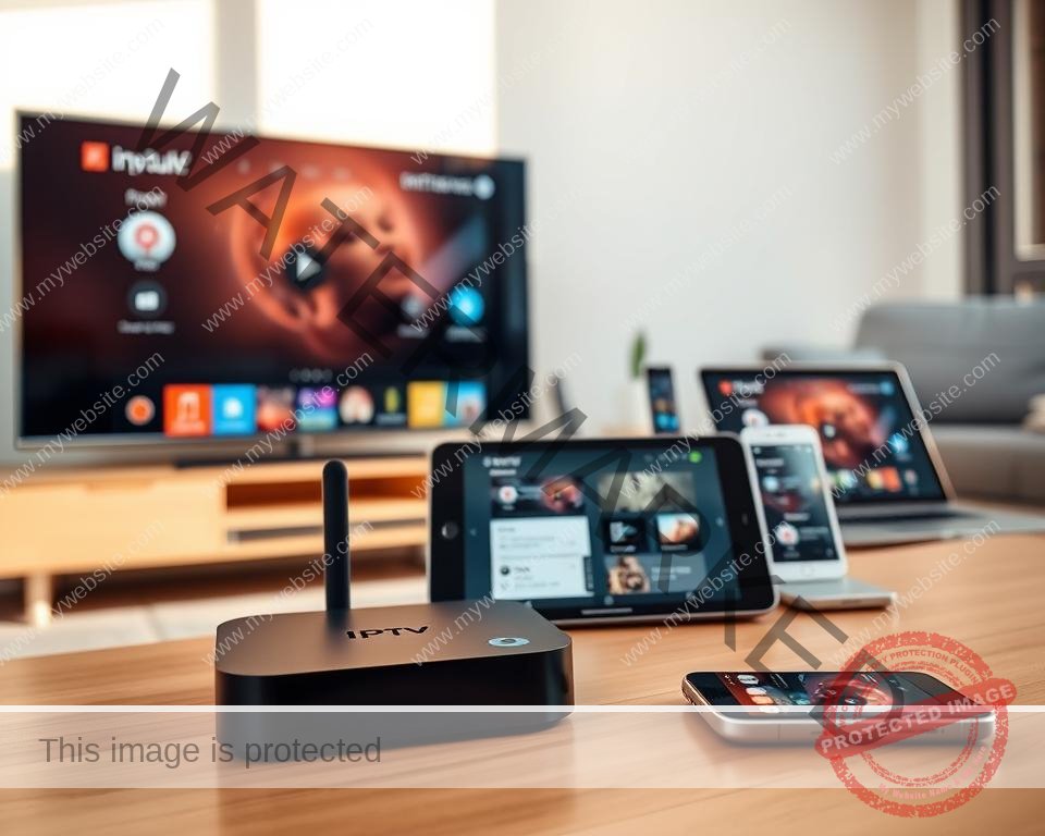 A modern home entertainment setup with various IPTV-enabled devices neatly arranged. In the foreground, a sleek smart TV displays the IPTV interface, while in the middle ground, a streaming box and a tablet showcase the same intuitive IPTV experience. In the background, a smartphone and a laptop blend seamlessly into the minimalist decor, all connected and ready to unlock instant IPTV content. The scene is bathed in warm, natural lighting that accentuates the clean, user-friendly design of the devices. An atmosphere of effortless connectivity and entertainment permeates the space.