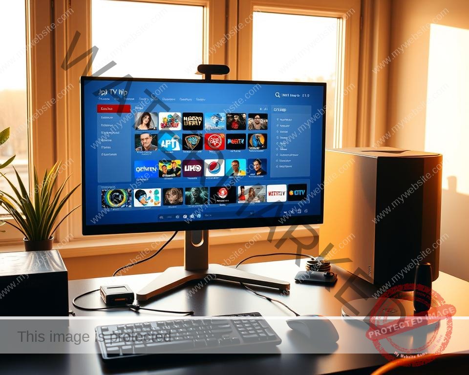 A modern home office setup with a desktop computer, wireless keyboard and mouse, and a sleek high-definition IPTV interface displayed on the monitor. The room is bathed in warm, diffused lighting from large windows, creating a cozy, productive atmosphere. The IPTV interface shows a clean, intuitive layout with various live TV channels, on-demand content, and settings menus, showcasing the user-friendly experience of the Xtreme HD IPTV UK service. The overall scene conveys the ease and convenience of setting up and using this premium streaming solution in a comfortable, tech-savvy home environment.
