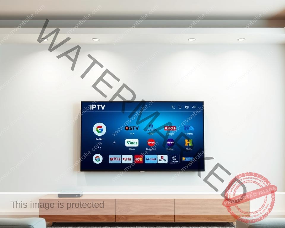 A modern living room interior with a sleek, wall-mounted smart TV displaying various IPTV streaming service icons. The TV is set against a minimalist, white backdrop, creating a clean, high-tech aesthetic. Soft, directional lighting illuminates the scene, casting subtle shadows and highlighting the TV's sharp display. The composition places the smart TV as the central focus, with the IPTV service logos neatly arranged around it, conveying the TV's compatibility with a range of popular IPTV providers. The overall mood is one of technological sophistication and seamless digital entertainment.