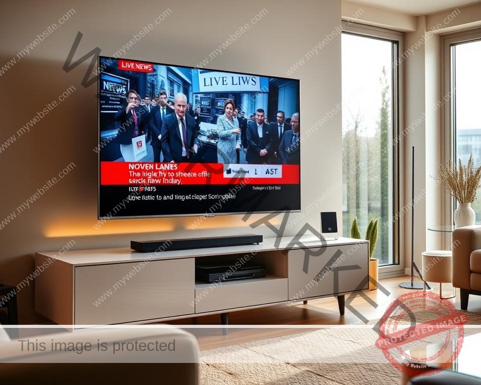 A modern living room with a large flat-screen TV displaying a live UK news broadcast. The TV is situated on a sleek entertainment unit, surrounded by minimalist decor and warm lighting. The room has large windows allowing natural light to filter in, creating a cozy and inviting atmosphere. The TV screen shows a dynamic news ticker and live coverage of a current event, immersing the viewer in the experience of watching live UK television from the comfort of their home. The overall scene conveys the ease and convenience of streaming live UK TV content online.