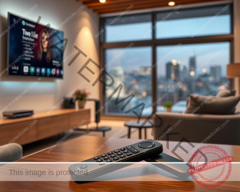 A modern living room with a large flat-screen TV mounted on the wall, displaying a streaming service interface. The room is well-lit with soft, warm lighting, creating a cozy and inviting atmosphere. In the foreground, a sleek, minimalist remote control lies on a coffee table, suggesting ease of use. The middle ground features a comfortable sofa and armchair, hinting at the relaxing experience of streaming content. In the background, a large window overlooks a cityscape, suggesting the convenience of accessing content from anywhere. The overall scene conveys a high-quality, seamless streaming experience in the comfort of one's own home.