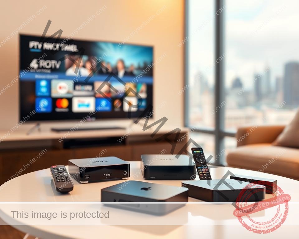 A modern living room with a smart TV, streaming boxes, and remote controls in the foreground, showcasing a variety of IPTV trial devices compatible with UK services. The devices are presented on a clean, minimalist table, well-lit with a warm, inviting ambiance. The background features a blurred city skyline, suggesting the urban setting. The composition emphasizes the devices' functionality and ease of use, conveying the accessibility of IPTV trials in the UK.