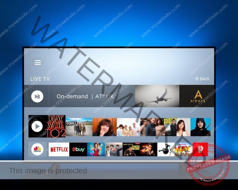 A modern, minimalist IPTV interface for the UK market. The foreground features a clean, intuitive dashboard with large, easy-to-navigate icons for popular content categories like live TV, on-demand movies, and streaming services. The middle ground showcases a sleek, responsive grid layout displaying high-definition previews of the latest programming. The background has a subtle, elegant gradient in muted tones of blue, evoking a sense of sophistication and technology. The overall composition conveys a polished, user-friendly experience designed to delight UK viewers seeking a seamless, all-in-one entertainment platform.