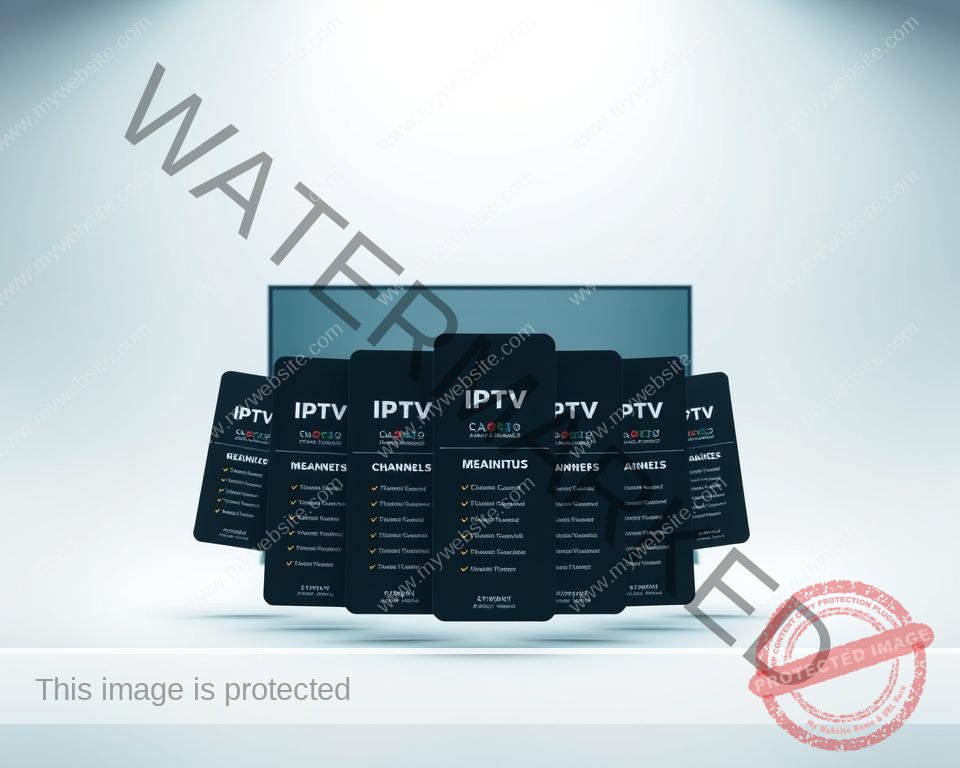 A modern, minimalist composition depicting a set of IPTV subscription plans. In the foreground, several neatly arranged IPTV plan cards hover in a clean, well-lit environment. Each card showcases the plan's key features such as channel count, resolution, and monthly/annual pricing, using a simple, typographic design. The middle ground features a subtle gradient background, with a sense of depth and perspective. The overall mood is one of clarity, simplicity, and professionalism, highlighting the key information a potential subscriber would need to evaluate the IPTV offering.