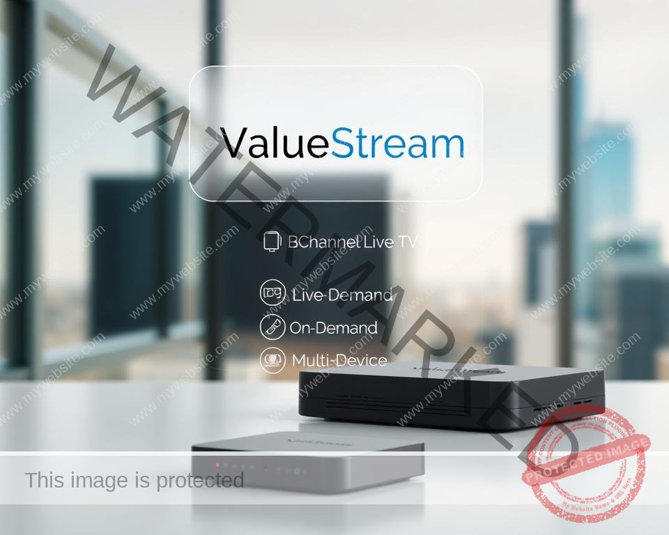 A modern, minimalist digital display showcasing a ValueStream IPTV subscription package. In the foreground, a sleek black streaming device with clean lines and a subtle LED indicator. Hovering above it, a semi-transparent overlay depicts the ValueStream logo and key package details: "HD Channels", "Live TV", "On-Demand", and "Multi-Device". The background features a softly blurred cityscape, hinting at the versatility of this budget-friendly IPTV solution. The lighting is natural and evenly diffused, creating a sense of professionalism and reliability. The overall tone is one of simplicity, functionality, and value.