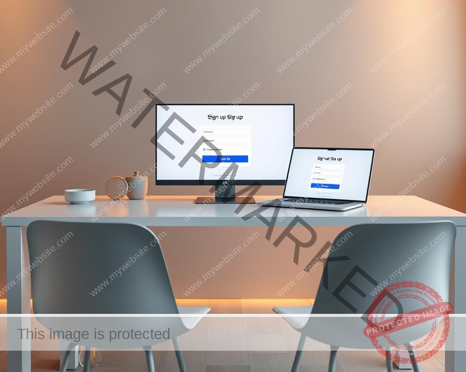 A modern, minimalist home office setup, with a clean, crisp white desk and matching chairs. On the desk, a laptop and a sleek, high-resolution display showcase a streaming service's sign-up process, with elegant, intuitive UI elements guiding the user through the steps. Warm, indirect lighting from a concealed source casts a soft, inviting glow, creating a welcoming and productive atmosphere. The background features a blurred, neutral-toned wall, allowing the sign-up interface to take center stage. The overall scene conveys a sense of effortless, streamlined access to a world of entertainment.