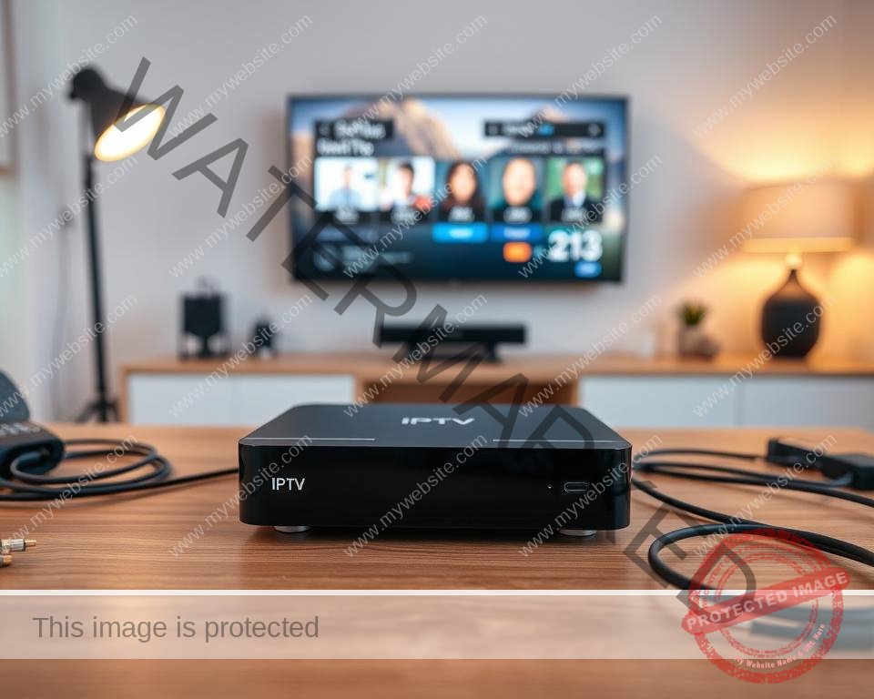 A modern, minimalist home office setup. In the foreground, a sleek, black IPTV box rests on a minimalist wooden desk, surrounded by a clean, white environment. Soft, warm lighting illuminates the scene, creating a cozy atmosphere. In the middle ground, various cables and connectors are neatly organized, ready for the installation process. The background showcases a large, flat-screen TV mounted on the wall, ready to display the IPTV interface. The overall composition conveys a sense of simplicity, efficiency, and technological integration within a stylish, contemporary setting.