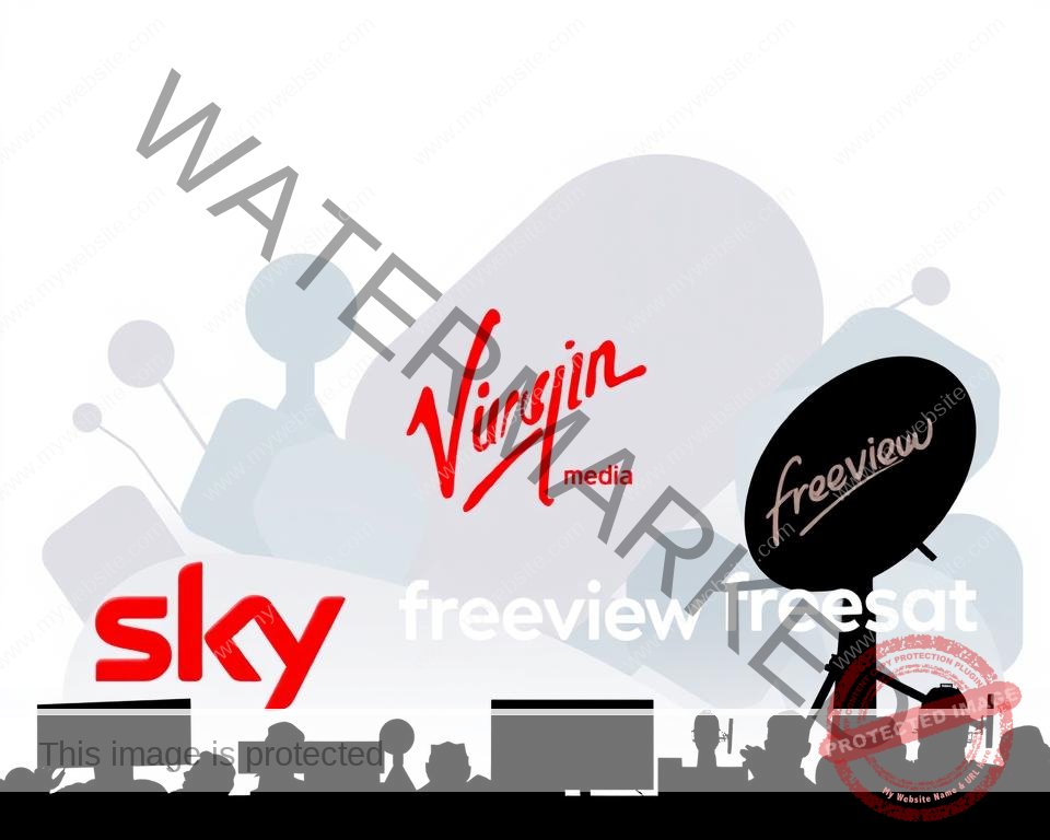 A modern, minimalist illustration showcasing various popular UK IPTV service providers. In the foreground, silhouettes of logos and brand names for leading IPTV platforms, such as UKTV, Sky, Virgin Media, Freeview, and Freesat. The middle ground features abstract shapes and geometric patterns in a muted color palette of blues, grays, and whites, suggesting the digital infrastructure and technology powering these IPTV services. The background has a soft, hazy gradient, creating a sense of depth and highlighting the providers. Crisp, clean rendering with careful attention to balance, composition, and negative space to produce a visually striking, professional-grade image.
