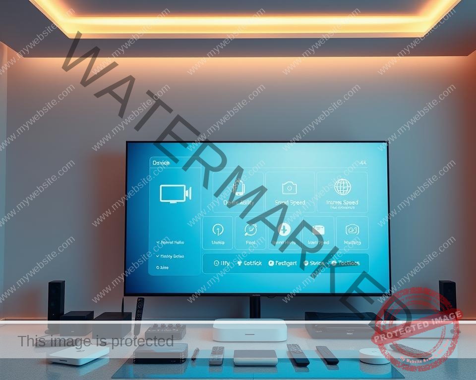 A modern, minimalist office setting with a large 4K television screen prominently displayed. Subtle lighting from overhead casts a warm, professional glow. The screen showcases a sleek, intuitive user interface with icons representing device compatibility, internet speed, and other technical requirements for a UK IPTV 4K service. Surrounding the screen are various smart home devices, remote controls, and networking equipment, all neatly arranged to convey a sense of technological sophistication. The overall atmosphere is one of streamlined efficiency, highlighting the seamless integration of high-quality 4K video delivery with the necessary hardware and software components.