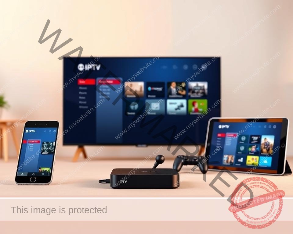 A modern, minimalist setup showcasing various devices displaying an IPTV interface. In the foreground, a sleek smart TV, smartphone, and tablet are arranged neatly, their screens illuminated with a clean, user-friendly IPTV dashboard. The middle ground features a compact, stylish streaming device and a wireless game controller, hinting at the versatility of the IPTV experience. The background is a softly lit, uncluttered room, creating a sense of simplicity and focus on the technology. Warm lighting, gentle shadows, and a harmonious color palette evoke a welcoming, inviting atmosphere, perfectly capturing the "Complete Setup Guide for Different Devices" section of the article.