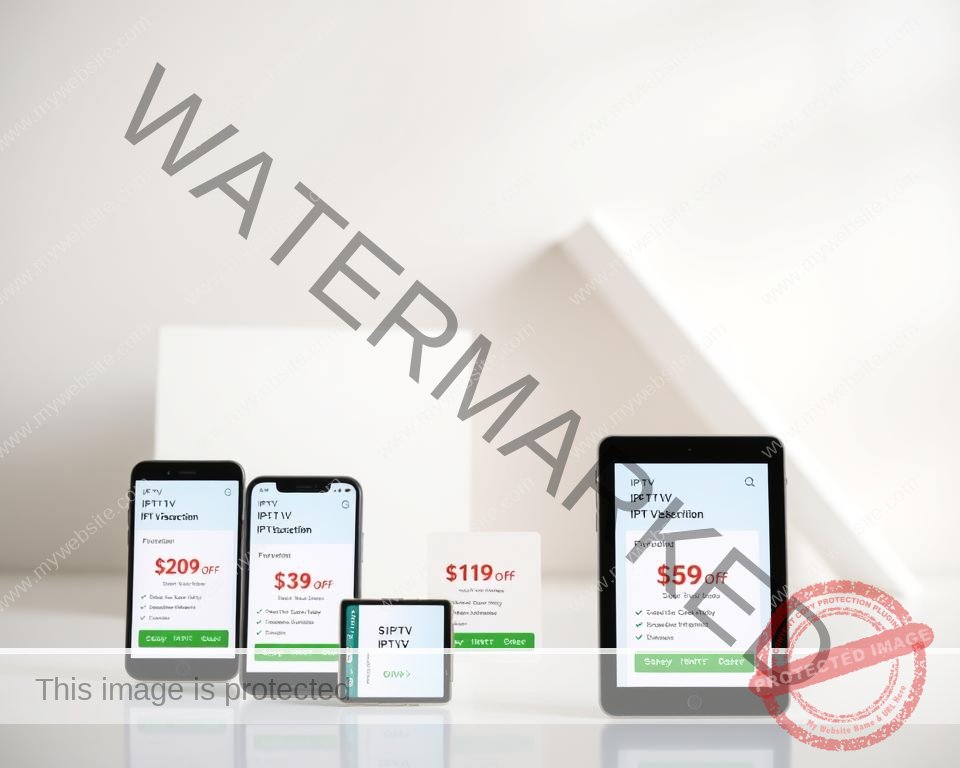 A modern, minimalist-style image showcasing discounted IPTV subscription packages. In the foreground, several mobile devices are arranged with their screens displaying different IPTV plan options, each highlighting the current pricing. The middle ground features clean, geometric shapes and lines in a neutral color palette, creating a sleek, professional atmosphere. The background has a subtle gradient or blurred texture, lending depth and focus to the central elements. The lighting is soft and diffused, creating an inviting, high-quality aesthetic. The overall composition emphasizes the value proposition of the IPTV discounts through a visually appealing, technology-driven design.