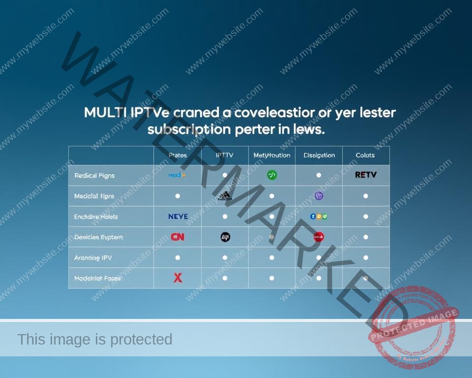 A modern, professional-looking comparison chart showcasing the leading multi-device IPTV subscription providers in the UK. The chart occupies the center of the frame, with a clean, minimalist design featuring crisp, high-quality icons and logos for each provider. The background is a soft, muted gradient in cool tones, creating a sense of sophistication. Subtle grid lines and subtle drop shadows enhance the depth and legibility of the chart. The overall aesthetic is sleek, informative, and visually appealing, suitable for inclusion in a high-quality business or technology publication.