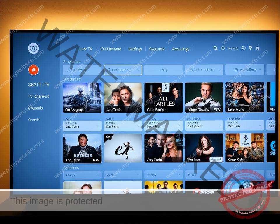 A modern, sleek IPTV service interface with a clean, minimalist design. The main screen displays a grid of popular live TV channels, with clear channel names and high-quality thumbnails. The interface features a left-side menu for easy navigation through categories like "Live TV", "On Demand", and "Recordings". The top bar has intuitive controls for search, settings, and account management. Subtle yet elegant animations and transitions create a responsive, seamless user experience. Warm, natural lighting illuminates the display, conveying a sense of comfort and reliability. The overall aesthetic is refined, trustworthy, and optimized for easy content discovery and playback.