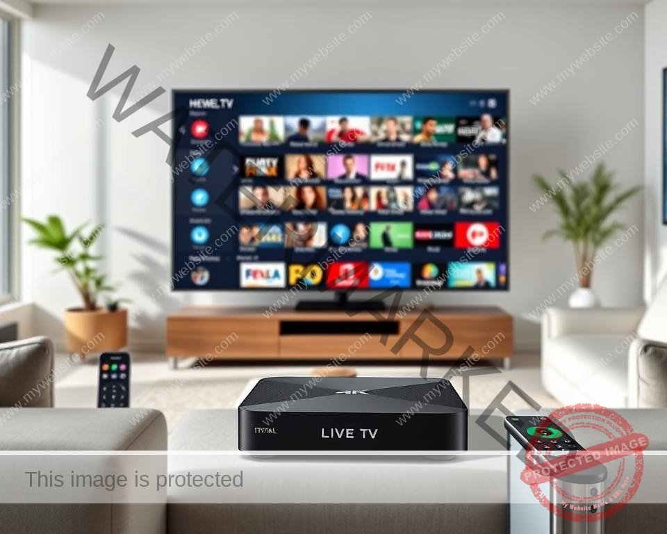 A modern, sleek IPTV setup showcasing key trial features. A large 4K TV in the middle ground, displaying a wide variety of live TV channels and on-demand content. In the foreground, a state-of-the-art IPTV streaming box with intuitive menu UI, surrounded by a wireless remote and mobile device. The background features a minimalist, well-lit home entertainment space with modern furniture and decor. Bright, natural lighting illuminates the scene, highlighting the crisp image quality and smooth playback of the IPTV system.