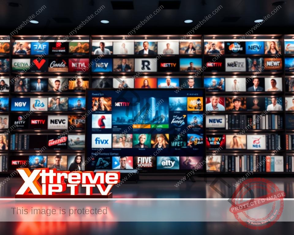 A modern, sleek digital library showcasing the extensive Xtreme HD IPTV content collection. The foreground features a stylized 3D render of the Xtreme HD IPTV logo, backlit with a warm glow and surrounded by a crisp, high-resolution grid of various channel icons and program thumbnails. The midground depicts a cinematic view of the IPTV interface, presenting a visually stunning array of live broadcasts, on-demand titles, and curated content categories. The background is a softly defocused cityscape, hinting at the global reach and boundless entertainment options of the Xtreme HD IPTV service. Captured with a wide-angle lens and dramatic studio lighting, the overall composition conveys a sense of comprehensive, high-quality content and a premium, immersive viewing experience.