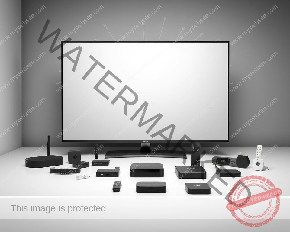 A modern, sleek display showcasing the compatibility of UK IPTV devices. In the foreground, a flat-screen television stands prominently, its pristine screen reflecting the room's soft, diffused lighting. Surrounding the TV, an array of various streaming devices - set-top boxes, dongles, and smart home hubs - are neatly arranged, each representing the wide range of options available for accessing UK IPTV content. The middle ground features a clean, minimalist backdrop, perhaps a subtle gradient or a muted, monochromatic wall, allowing the devices to take center stage. In the background, a sense of digital connectivity radiates, with subtle lines or geometric patterns hinting at the seamless integration of these IPTV solutions across multiple screens and platforms.