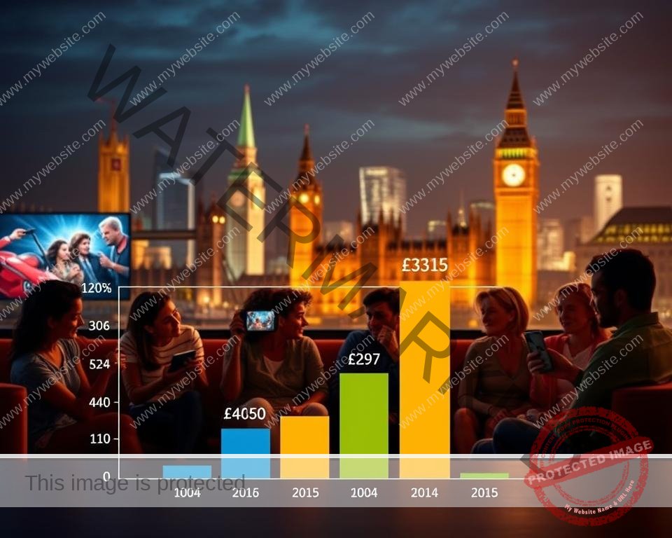 A modern, sleek image showcasing the cost-effectiveness of UK IPTV services. In the foreground, a stylized bar chart compares the monthly subscription fees of UK IPTV against traditional cable/satellite options, highlighting the significant savings. The middle ground features a group of diverse people enjoying various streaming content on their devices, conveying the wide range of entertainment accessible through UK IPTV. The background depicts a cityscape of iconic British landmarks bathed in warm, inviting lighting, reinforcing the local nature of the service. The overall composition emphasizes the superior value proposition of UK IPTV, captured through a high-quality, photorealistic rendering with a cinematic, editorial aesthetic.