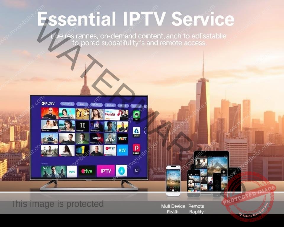 A modern, visually striking illustration of essential IPTV service features. In the foreground, a sleek smart TV displaying a diverse range of live channels, on-demand content, and customizable user interface. In the middle ground, various mobile devices showcasing seamless multi-device compatibility and remote access capabilities. The background features a cityscape skyline, symbolizing the global reach and accessibility of the IPTV service. The scene is illuminated by warm, natural lighting, conveying a sense of reliability and professionalism. The overall composition emphasizes the comprehensive, user-friendly nature of a high-quality IPTV solution.