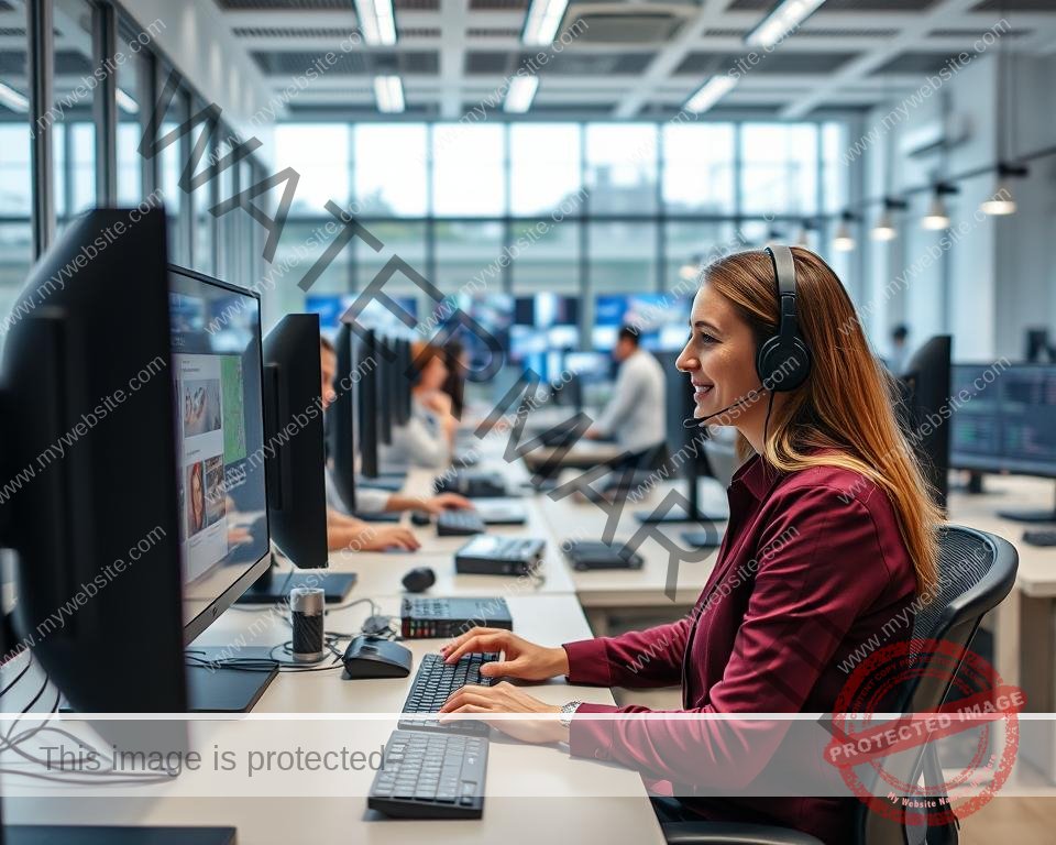 A modern, well-equipped IPTV customer support office with a professional, tech-savvy atmosphere. The foreground features a smiling, attentive customer service representative assisting a client using a high-resolution display and state-of-the-art hardware. The middle ground showcases a team of technicians monitoring multiple screens and networks, ensuring seamless IPTV service. The background depicts a sleek, minimalist workspace with floor-to-ceiling windows, ample natural lighting, and cutting-edge telecommunications equipment. The overall scene conveys a sense of reliability, efficiency, and a commitment to providing top-notch support for IPTV users.