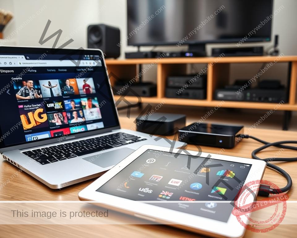 A modern, well-lit home office setup with a laptop, tablet, and various streaming devices prominently displayed. The laptop is open, showing a web browser interface with UK TV channels available for streaming. The tablet is in the foreground, showcasing an intuitive app interface for seamlessly accessing UK content. In the background, a sleek media center with multiple streaming boxes and a high-quality HDMI cable snaking through, all neatly organized. The overall atmosphere is one of technological sophistication and the convenience of enjoying UK television from the comfort of one's own home office.