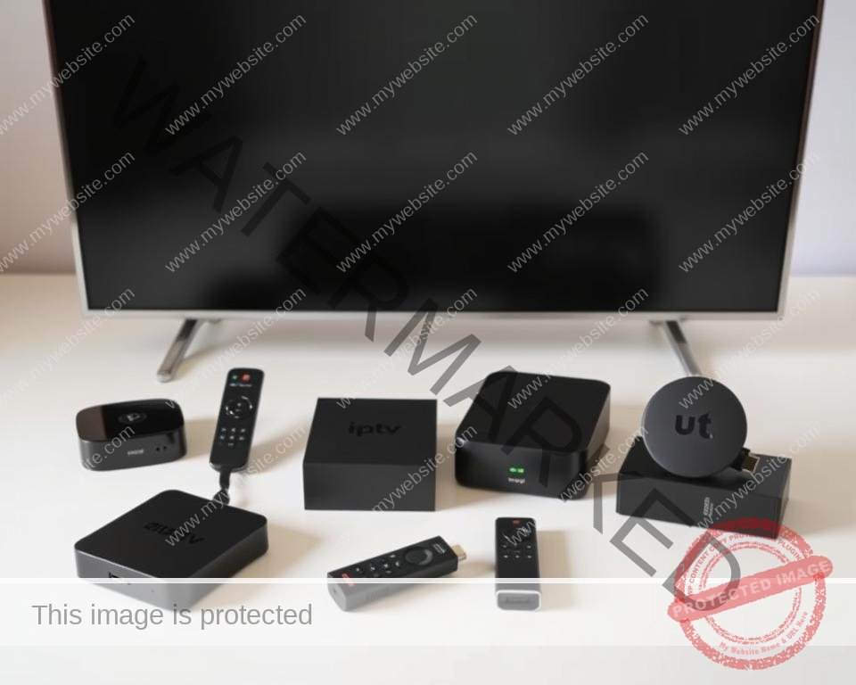 A neatly arranged display of various IPTV device models, including Android TV boxes, Amazon Fire TV Sticks, and smart TVs with built-in IPTV capabilities. The devices are shown in a clean, well-lit setting, with a subtle gradient background that conveys a sense of modern technology and connectivity. The composition highlights the diversity of compatible devices, emphasizing the seamless integration and flexibility of the IPTV setup process. The lighting is soft and natural, creating a inviting and informative atmosphere for the viewer.