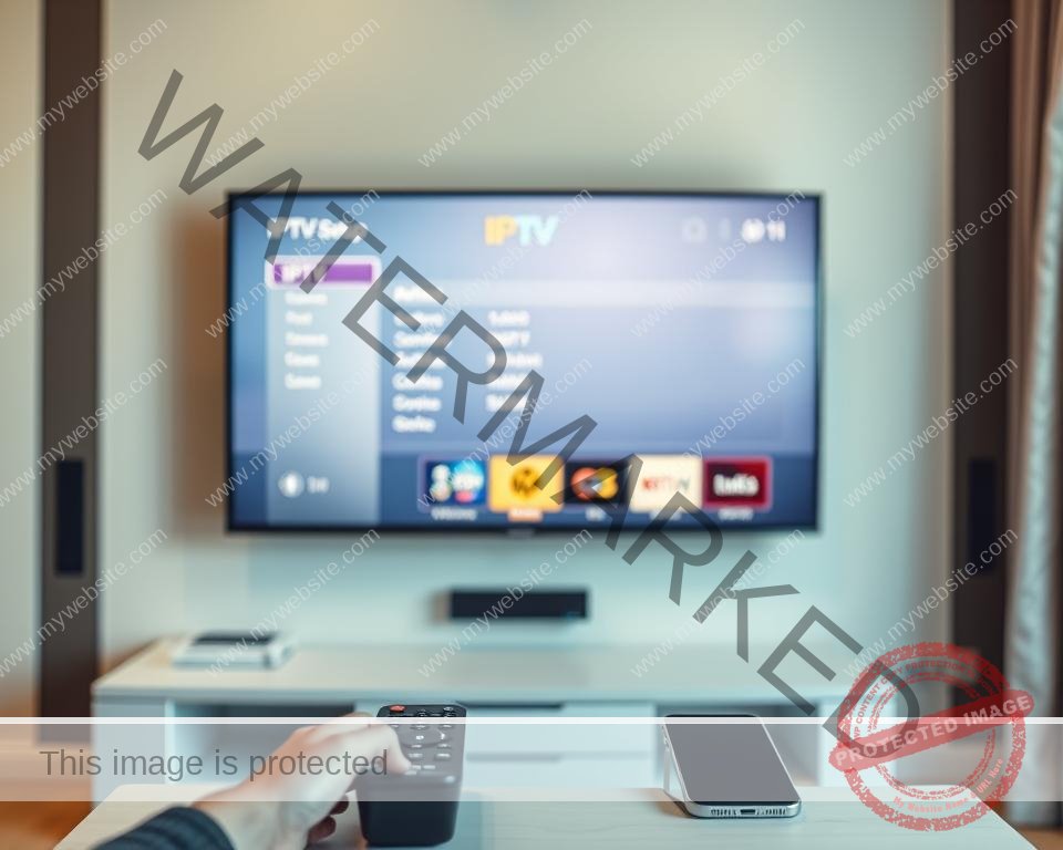A neatly arranged living room with a modern smart TV mounted on the wall. On the TV screen, the IPTV setup interface is displayed, showcasing various channels and options. In the foreground, a remote control and a smartphone are positioned, indicating the user's interaction with the IPTV system. The lighting is soft and warm, creating a cozy atmosphere. The scene is captured from a slightly elevated angle, providing a clear view of the TV and the surrounding environment. The overall composition emphasizes the ease and convenience of setting up IPTV on a smart TV.