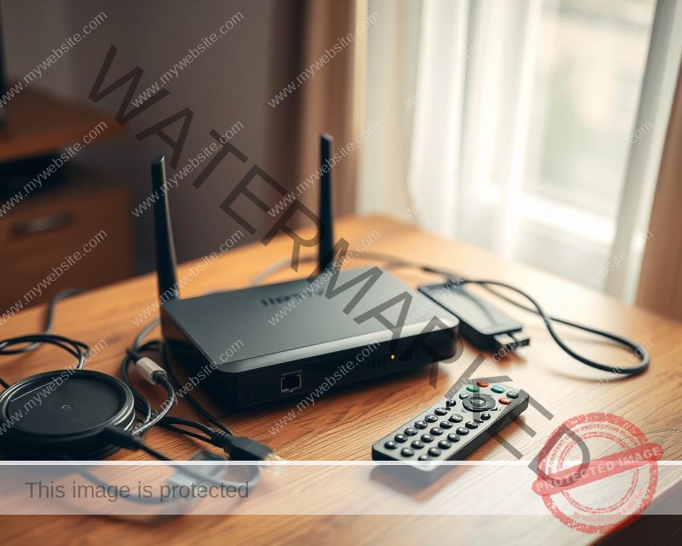A neatly organized setup of IPTV equipment on a wooden table, including a router, modem, streaming device, remote control, and network cables. The scene is brightly lit with soft, diffused lighting from a window, casting warm tones and creating natural shadows. The equipment is arranged in a visually appealing manner, showcasing its various components and connections. The overall atmosphere is one of simplicity, functionality, and ease of use, reflecting the straightforward nature of the IPTV setup process.
