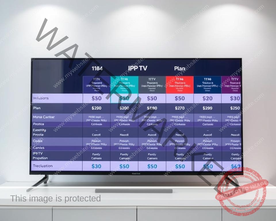 A neatly organized table displaying various IPTV pricing plans, set against a clean and modern background. The table features a clear hierarchy of plan tiers, with distinct columns outlining the inclusions and costs for each option. The plans are presented in a visually appealing manner, with subtle grid lines and a color scheme that complements the overall theme. The lighting is soft and diffused, creating a professional and informative atmosphere. The camera angle is slightly elevated, providing a comprehensive view of the table and its contents. The overall composition is balanced, drawing the viewer's attention to the key details of the IPTV pricing information.