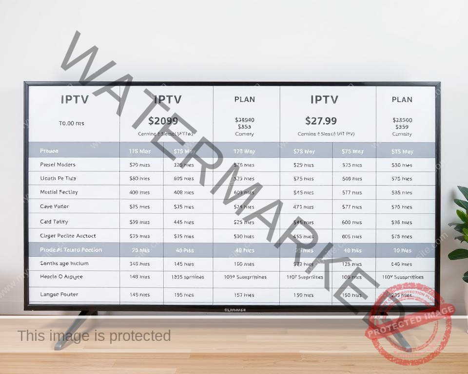 A neatly organized table displaying various IPTV subscription plans, with clear and concise pricing information. The plans are presented in a clean, minimalist design against a soft, neutral background, allowing the details to stand out. The lighting is soft and evenly distributed, creating a professional and inviting atmosphere. The camera angle is slightly elevated, giving a clear overview of the subscription options. The overall composition is balanced and visually appealing, conveying the accessibility and value of the IPTV service.
