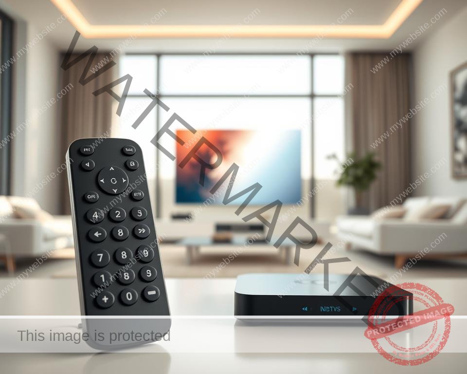 A premium IPTV service showcased in a sleek, modern setting. In the foreground, a high-end remote control with glossy buttons and a minimalist design. In the middle ground, a state-of-the-art streaming device with a clean, rectangular silhouette, displaying a vibrant, seamless interface. The background features a minimalist living room with large windows, allowing natural light to filter in and create a warm, inviting atmosphere. The overall scene conveys a sense of sophistication, reliability, and technological advancement, perfectly capturing the essence of a premium IPTV service.