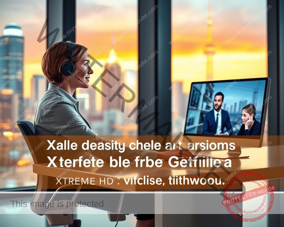 A professional support agent seated at a sleek, modern desk, a headset on and a serene, focused expression as they assist a customer on a high-resolution computer monitor. The background features a vibrant, colorful city skyline visible through floor-to-ceiling windows, bathed in warm, soft lighting. The scene conveys a sense of efficiency, attentiveness, and a commitment to delivering exceptional customer service for the Xtreme HD IPTV platform.