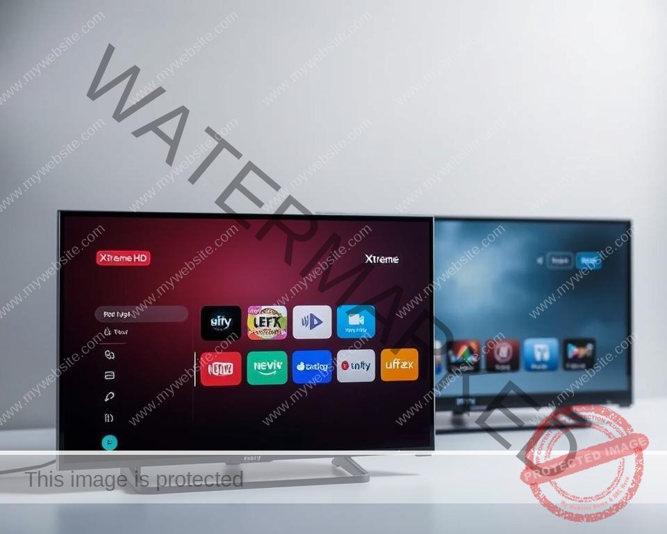 A side-by-side comparison of IPTV user interfaces, showcasing their distinct designs and features. In the foreground, the sleek and modern Xtreme HD IPTV interface, with a clean layout, intuitive navigation, and vibrant colors. In the middle, the interfaces of competing IPTV services, each with their own unique style and functionality. The background features a subtle gradient, creating a sense of depth and emphasizing the contrast between the interfaces. The lighting is soft and diffused, highlighting the details and textures of the digital displays. The overall atmosphere is one of clarity and professionalism, reflecting the subject matter and the article's focus on user experience and interface design.