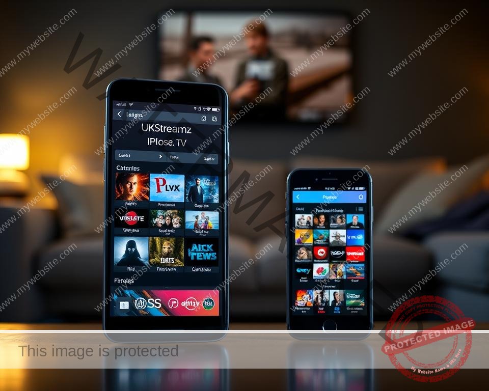 A sleek and modern Android smartphone and an iPhone displaying the UKStreamz IPTV service interface, set against a backdrop of a dimly lit living room. The screen of each device showcases a selection of IPTV channels, sharp and vibrant. Subtle ambient lighting casts a warm glow, creating a cozy, inviting atmosphere. The overall composition emphasizes the convenience and accessibility of UKStreamz IPTV for users on both Android and iOS platforms in the UK.