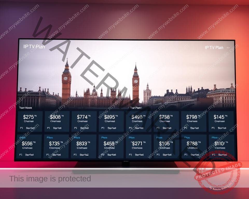 A sleek and modern IPTV subscription dashboard showcasing a range of UK TV plan options. The foreground features a clean grid layout with plan tiles, each highlighting key details like channel count, simultaneous streams, and pricing. The middle ground showcases a subtle hero image of iconic UK landmarks, conveying the breadth of content available. The background has a soft, gradient-based color scheme that creates a premium, high-tech feel. Minimal, elegant typography emphasizes the plans, with a focus on the most popular options. Cinematic lighting from the side adds depth and dimension, while a slightly high camera angle provides an aspirational perspective.