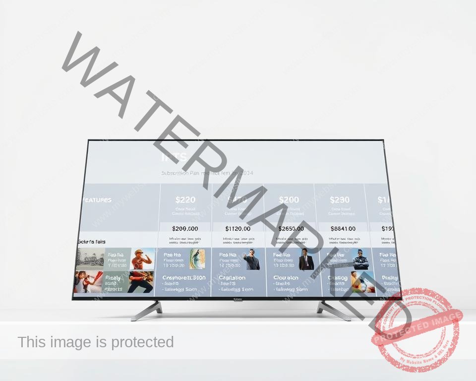 A sleek and modern IPTV subscription plan interface set against a minimalist white background. In the foreground, clearly-defined subscription tiers with pricing and feature details displayed in a clean, intuitive layout. The middle ground showcases high-quality television content thumbnails, hinting at the diverse channel selection. Soft, directional lighting accentuates the sharpness of the UI elements, creating a sense of clarity and professionalism. The composition utilizes a low camera angle to convey a sense of authority and importance, drawing the viewer's attention to the key subscription information. An overall tone of reliability, accessibility, and premium quality permeates the scene.