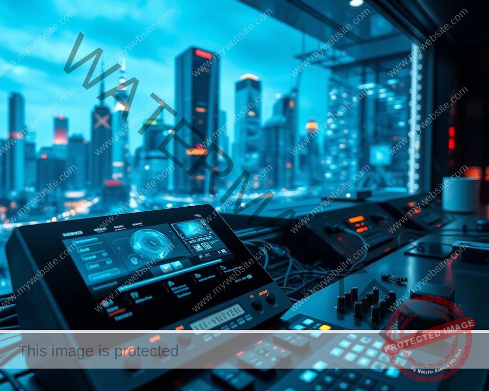 A sleek and modern IPTV system, with a high-tech control panel showcasing the latest advancements. In the foreground, a digital display illustrates IPTV's core functionality, explaining how it delivers multimedia content over the internet. The middle ground features a network of cables, servers, and devices, symbolizing the seamless integration of IPTV technology. In the background, a futuristic cityscape with towering skyscrapers and glowing holograms, hinting at the vast potential of IPTV in the digital age. The scene is bathed in a cool, blue-hued lighting, creating a sophisticated and technologically advanced atmosphere.