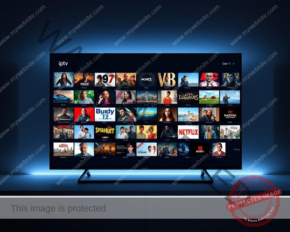 A sleek and modern IPTV user interface, featuring a clean and intuitive layout. The main screen displays a grid of high-definition channel thumbnails, effortlessly navigable with a minimalist on-screen menu. Smooth transitions between sections showcase the robust content library, ranging from live TV to a vast selection of on-demand movies and shows. Subtle lighting accentuates the digital display, creating a sophisticated and immersive viewing experience. The interface is designed with an elegant color palette, harmonizing seamlessly with a range of device styles and setups. An uncluttered design prioritizes user experience, allowing the viewer to easily discover, browse, and access their desired content.