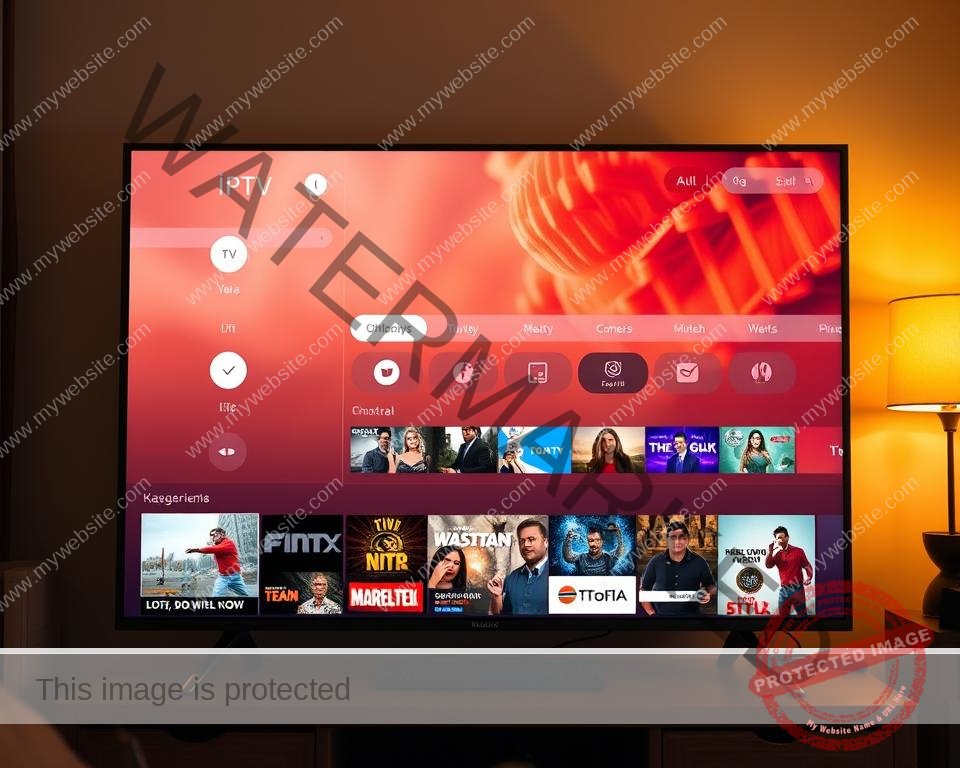 A sleek and modern IPTV user interface, featuring a clean layout with bold typography, intuitive navigation, and a vibrant color scheme. The screen is bathed in warm, natural lighting, creating a cozy and inviting atmosphere. In the foreground, a grid of thumbnails showcases a diverse selection of live TV channels and on-demand content, tempting the user to explore. The middle ground displays a user-friendly menu system with clear categorization and search functionality, allowing seamless navigation. In the background, a subtle blur effect creates depth and focus, drawing the eye to the central interface elements. The overall design is polished, responsive, and optimized for an immersive viewing experience.