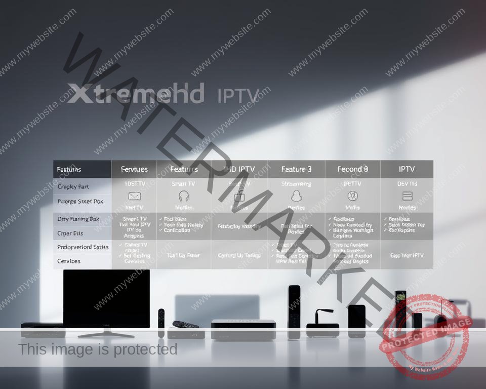 A sleek and modern comparison of IPTV providers, showcasing the Xtreme HD IPTV service. In the foreground, a stylized grid layout displays the key features and services of Xtreme HD IPTV, with clean icons and crisp typography. The middle ground features silhouettes of various IPTV devices, such as smart TVs, streaming boxes, and mobile devices, to represent the platform's broad compatibility. The background is a soft, gradient-based backdrop, creating a professional and high-tech atmosphere. Subtle lighting from the side casts dynamic shadows, adding depth and emphasizing the premium quality of the Xtreme HD IPTV offering.
