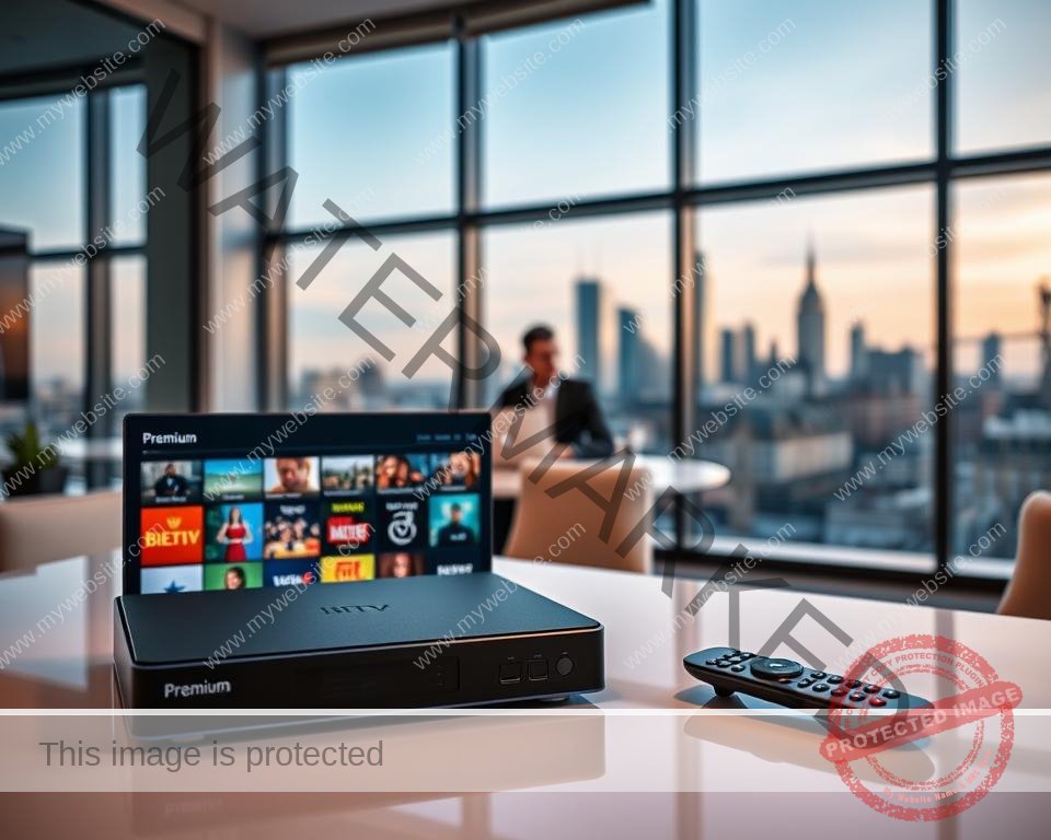 A sleek and modern office interior with a large window overlooking the iconic London skyline. In the foreground, a high-quality IPTV set-top box and a remote control sit on a clean, minimalist desk. The device's interface displays a grid of premium TV channels, showcasing the service's diverse content offerings. The middle ground features a stylish, professional-looking person sitting at the desk, engrossed in the IPTV interface, representing the user experience. The background is softly lit, creating a warm and inviting atmosphere, highlighting the premium nature of the IPTV provider.