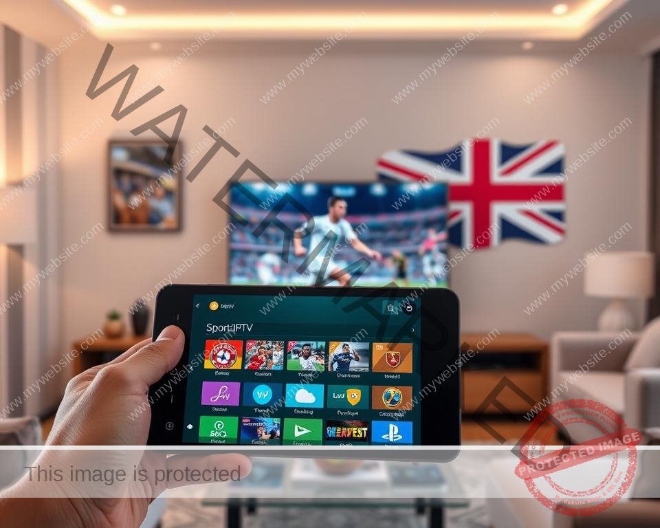 A sleek and modern sports-themed IPTV interface, showcasing a wide variety of live sports channels and on-demand content. In the foreground, a hand-held smart device displays the intuitive SportzIPTV app, with various sports icons and a clean, minimalist design. The middle ground features a living room setting, with a large flat-screen TV displaying a Premier League soccer match in high definition. The background subtly incorporates the Union Jack flag, alluding to the UK-centric nature of the service. Soft, warm lighting creates a cozy, inviting atmosphere, while the overall composition conveys the convenience and comprehensive sports streaming experience of SportzIPTV.